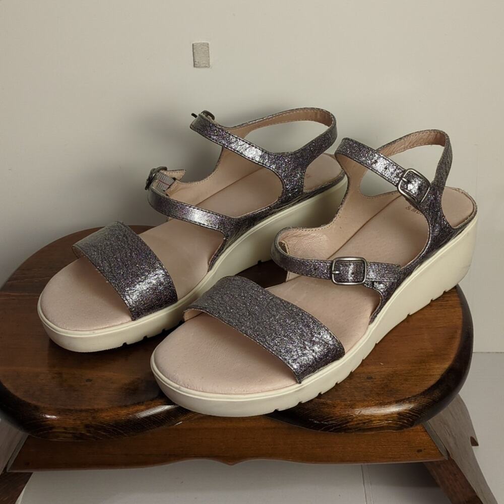 Ladies Johnston & Murphy "Clara" Pewter Leather Sandal 9.5 EUC